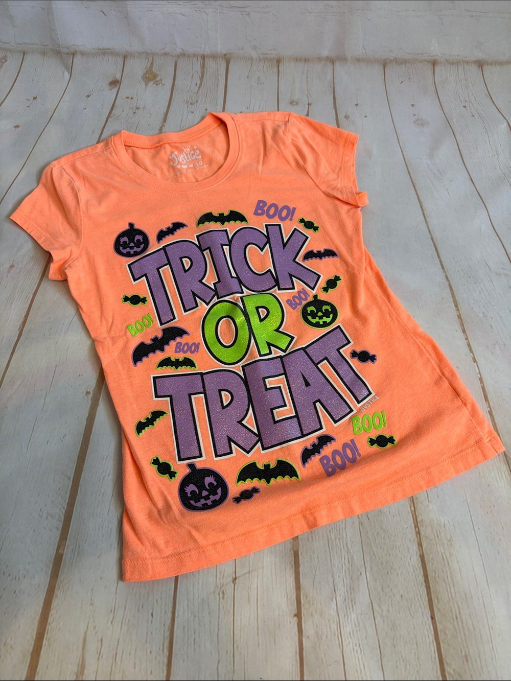 Justice Orange Halloween "Trick or Treat" Tee with Purple & Green Graphics